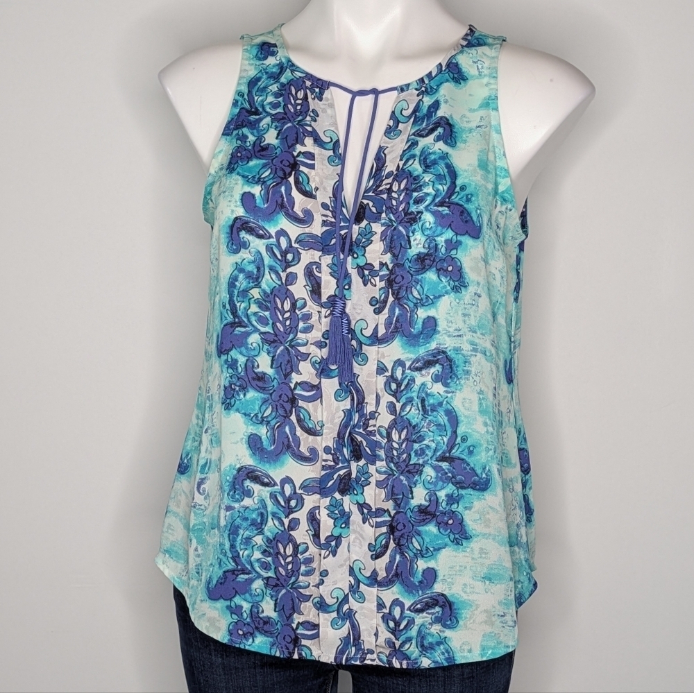 WHBM Blue White Abstract Floral Tassel Tie Neck Sleeveless Tank Blouse S